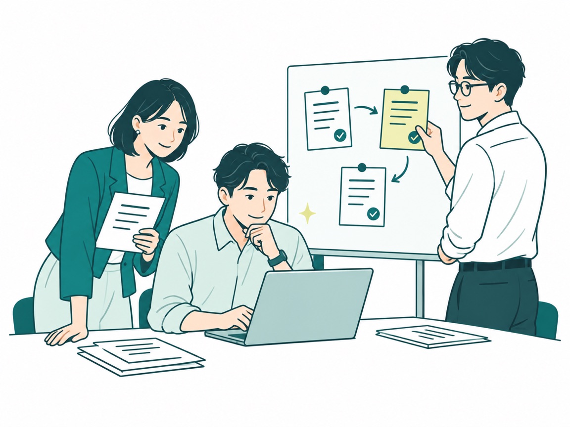 資料とパソコンを囲み、AIが整理した内容を確認する3人の担当者のイラスト